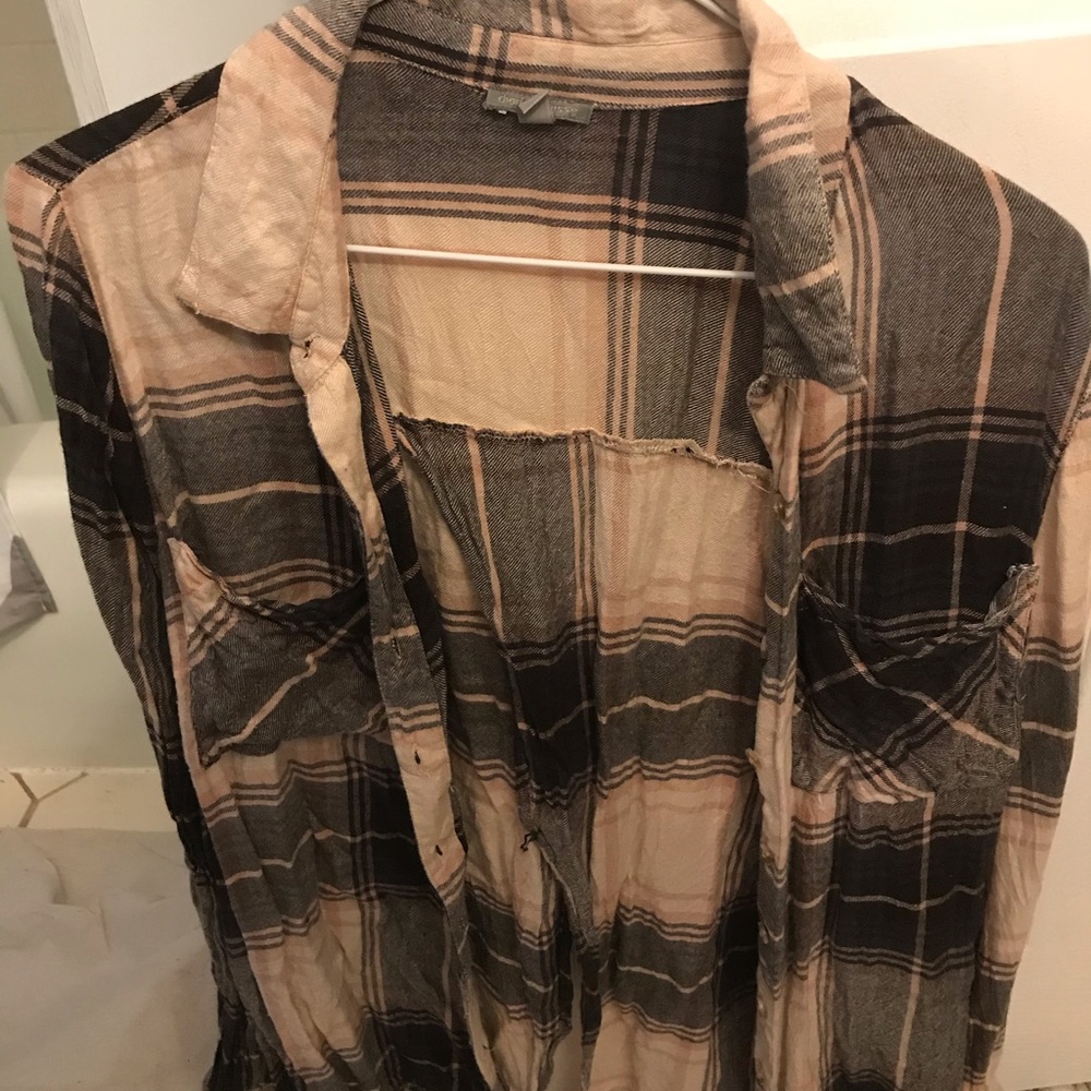 Plaid, open back, pink grey and black